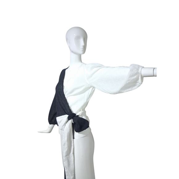 Anthropologie Farm Rio Womens size XS Swiss Dot Wrap Puff Sleeve Color Block Top - Picture 2 of 11